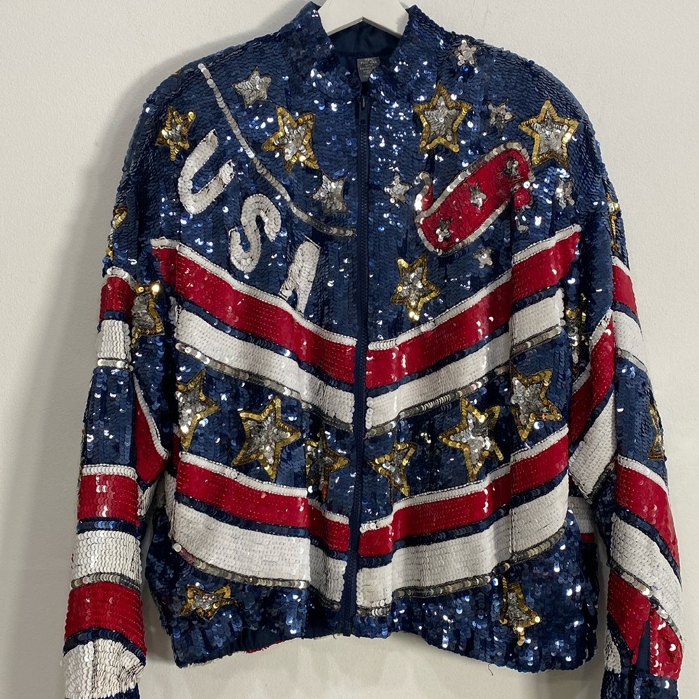 Vintage MODI Pure Silk Sequins USA Themed‎ Jacket Pockets Large